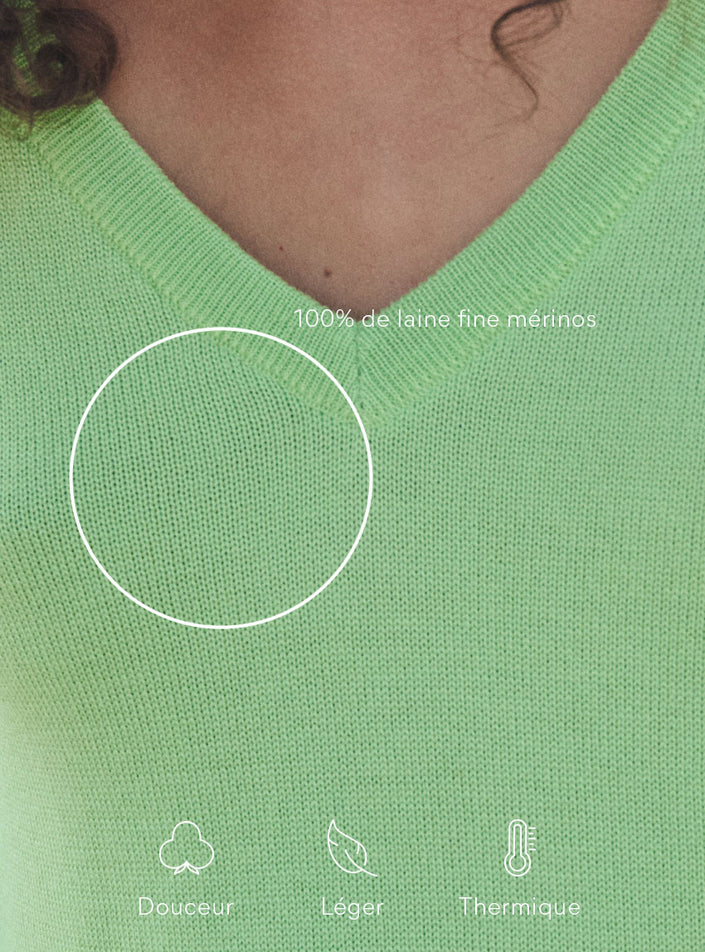 Détail col en côtes redoublées vert néon