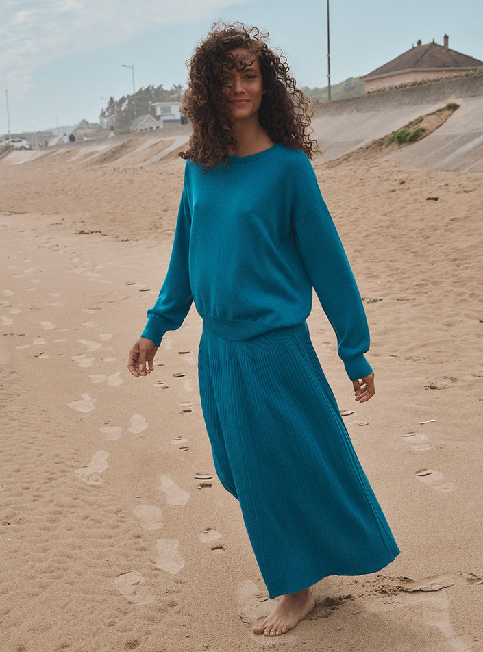 Pull col rond femme maille jersey bleu atlantique