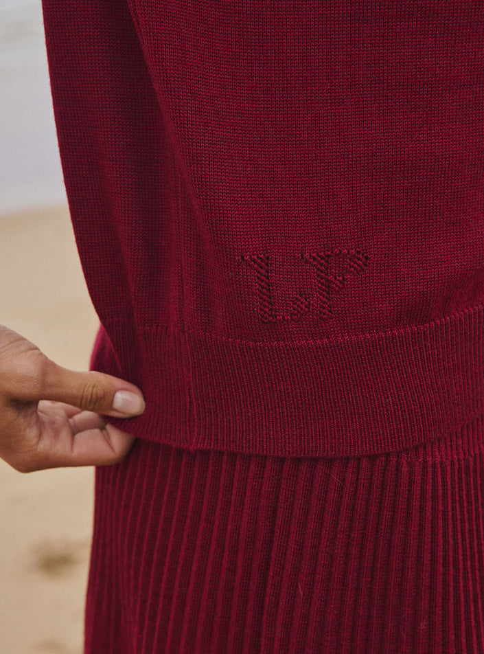Détail matière pull Agathe rouge bourgogne laine mérinos