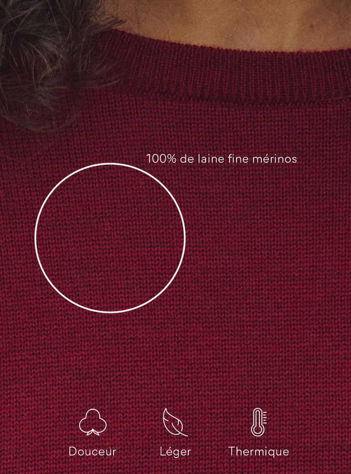 Détail maille jersey pull Agathe laine mérinos rouge bourgogne