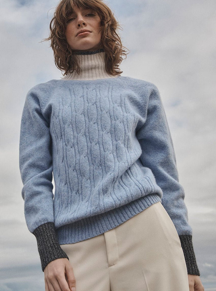 pull anna bleu mouliné effet tricot torsadé