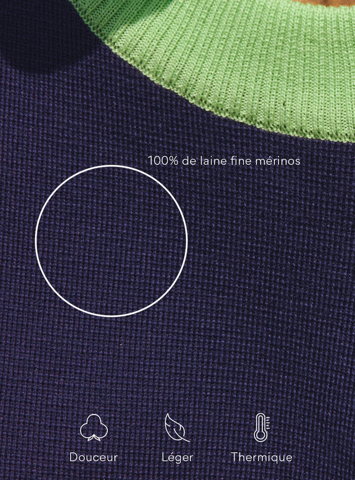 Focus matière maille point de rome pull aude violet encrier avec matières