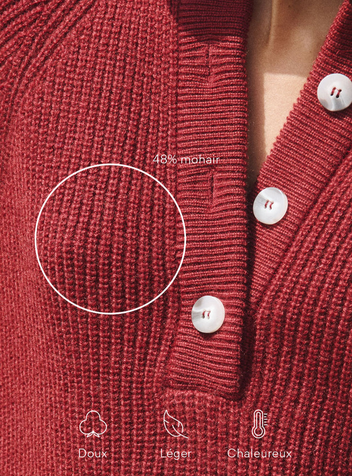Détail maille perlée pull Aurélie rouge médoc et matières