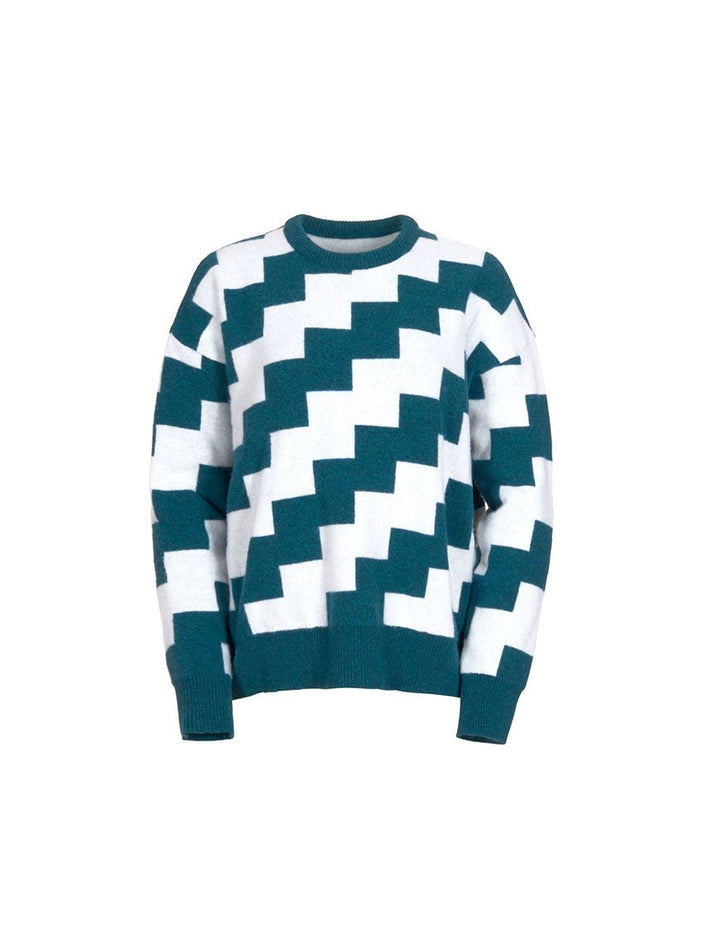 Pull Angèle à damier blanc et vert paon