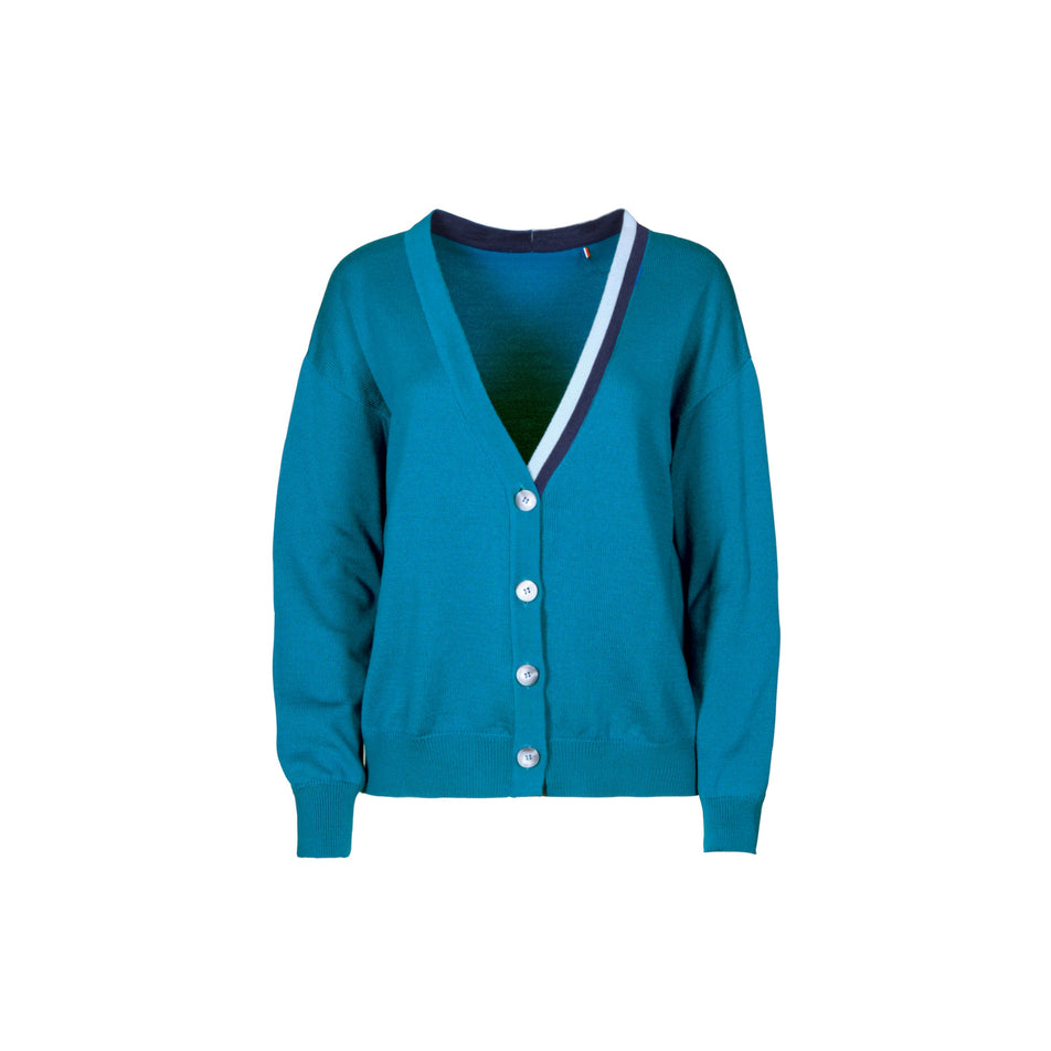 Gilet annabelle bleu paon vue de face en studio