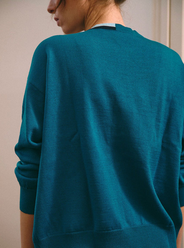 Pull Anémone à rayures bleues vue de dos en intérieur