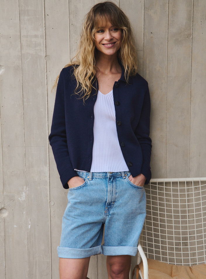 veste armelle bleu marine veste maille structurée femme