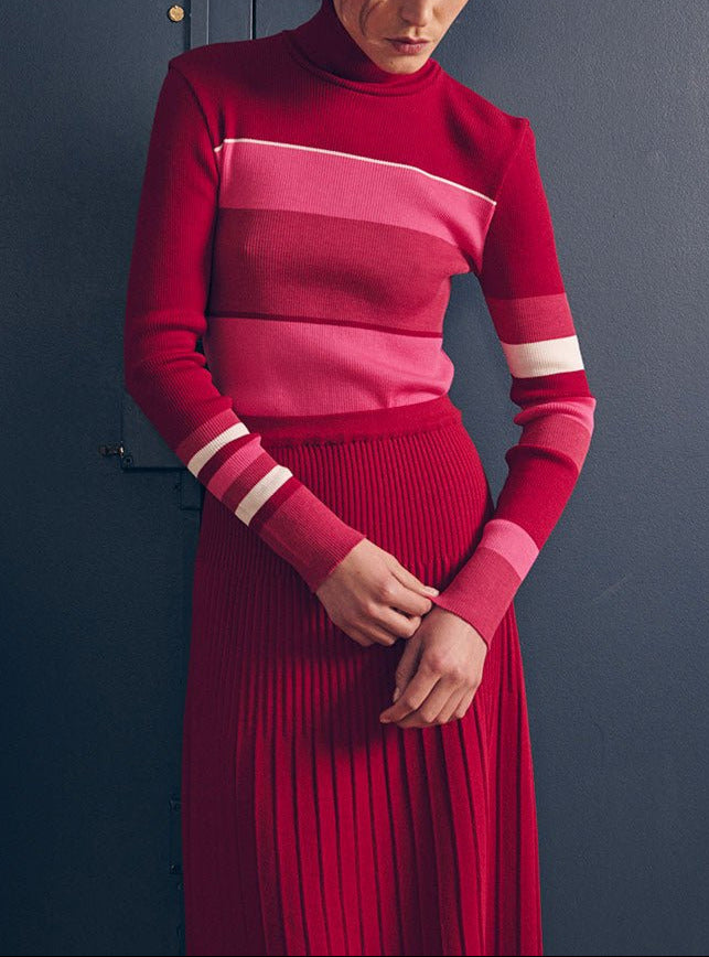 Pull Anémone rayé rouge cerise en laine