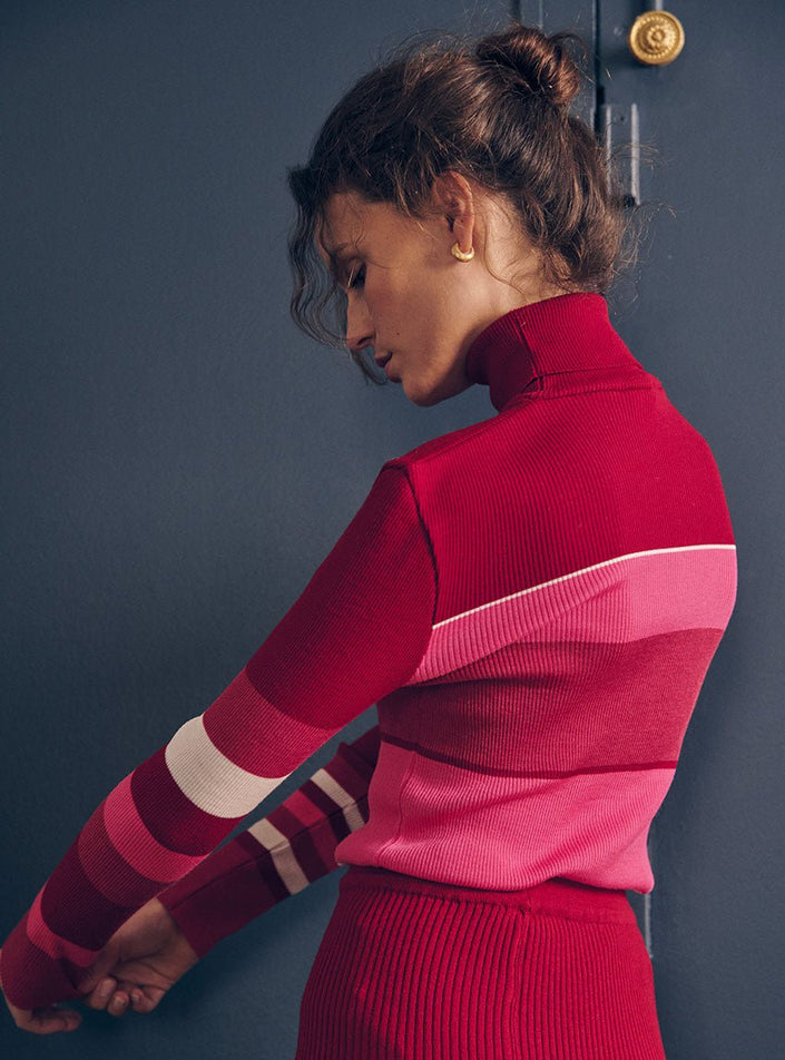 Pull Anémone multicolore rouge en mérinos