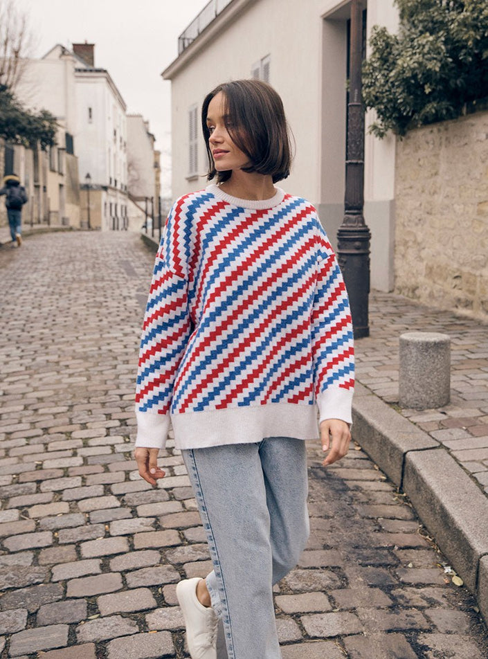 Pull Blanche tricolore bleu, blanc rouge en laine et cachemire