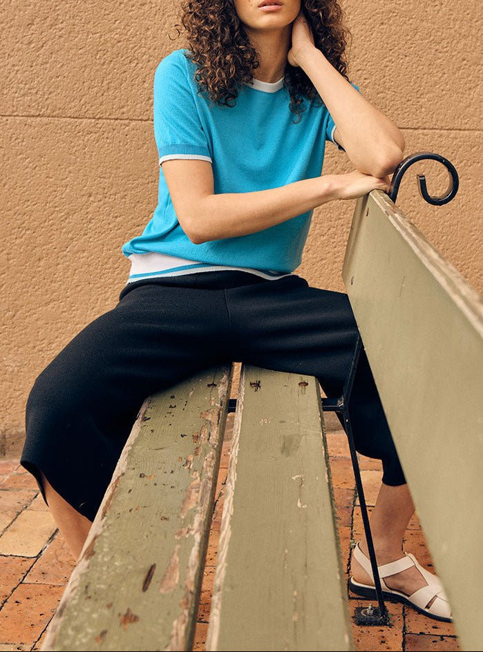 top maille stretch top bianca bleu lagon