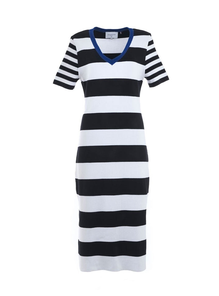 Robe longue Blandine rayé blanc, noir et bleu électrique