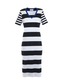 Robe longue Blandine rayé blanc, noir et bleu électrique