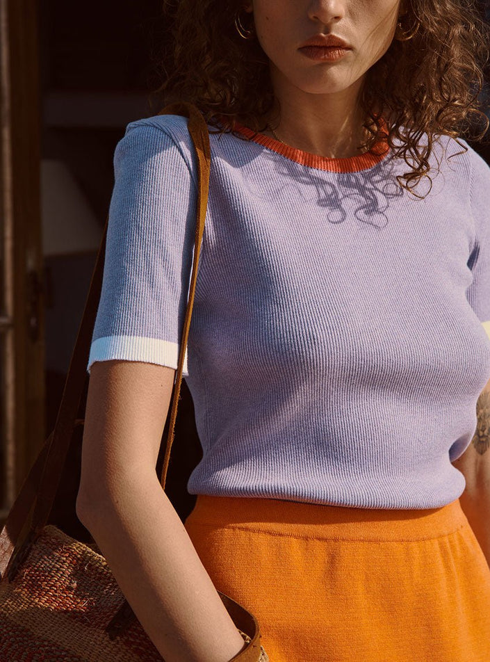 Zoome matière top bastienne violet lavande en coton en maille côtelée