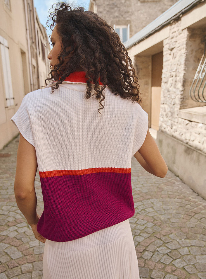 Pull sans manche Cécile zippé col trombone tricolore dos