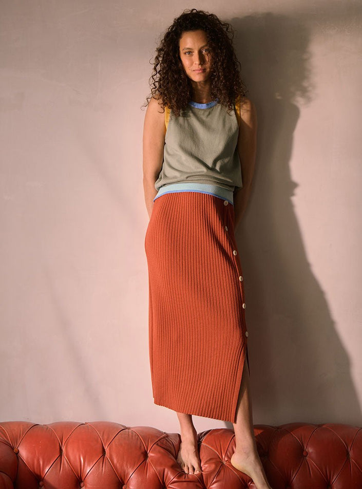 Jupe Charlotte orange caramel longue femme, maille côtelée Richelieu