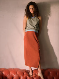 Jupe Charlotte orange caramel longue femme, maille côtelée Richelieu