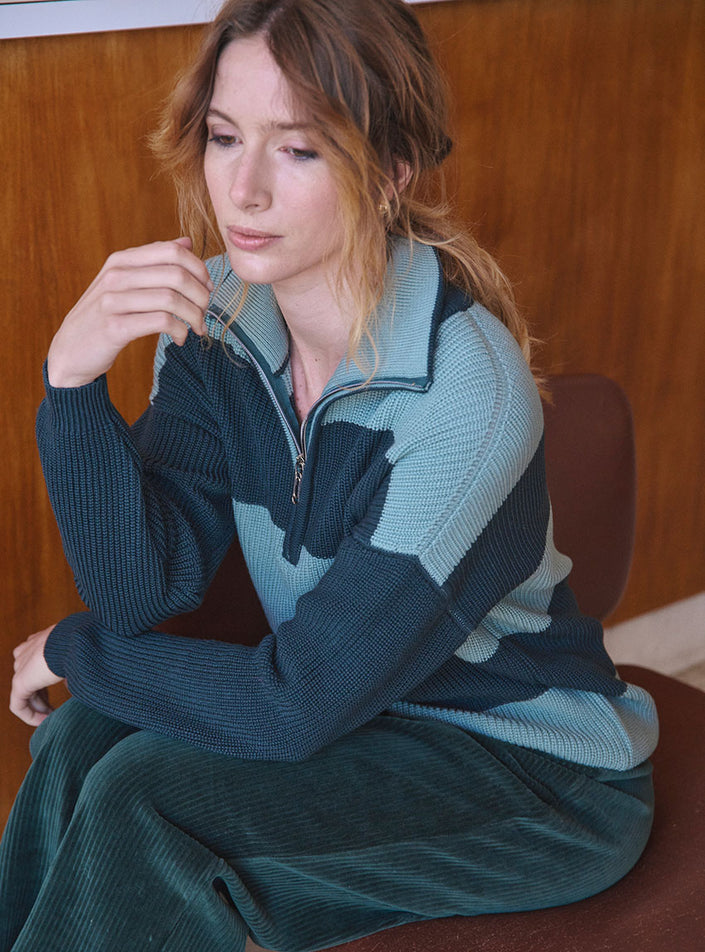 Pull Claudia vert sombre femme laine mérinos col camionneur zippé