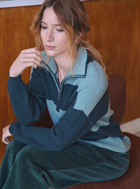 Pull Claudia vert sombre femme laine mérinos col camionneur zippé