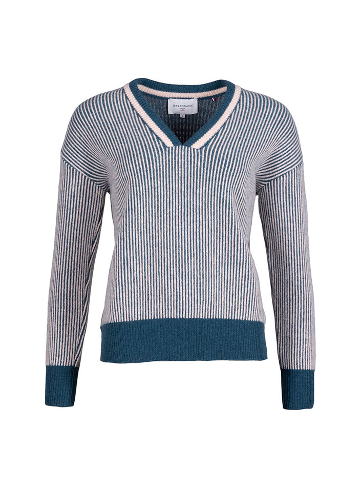 Pull femme col V en côtes redoublées