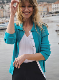cardigan dominique bleu lagon cardigan femme en maille côtelée boutonnée
