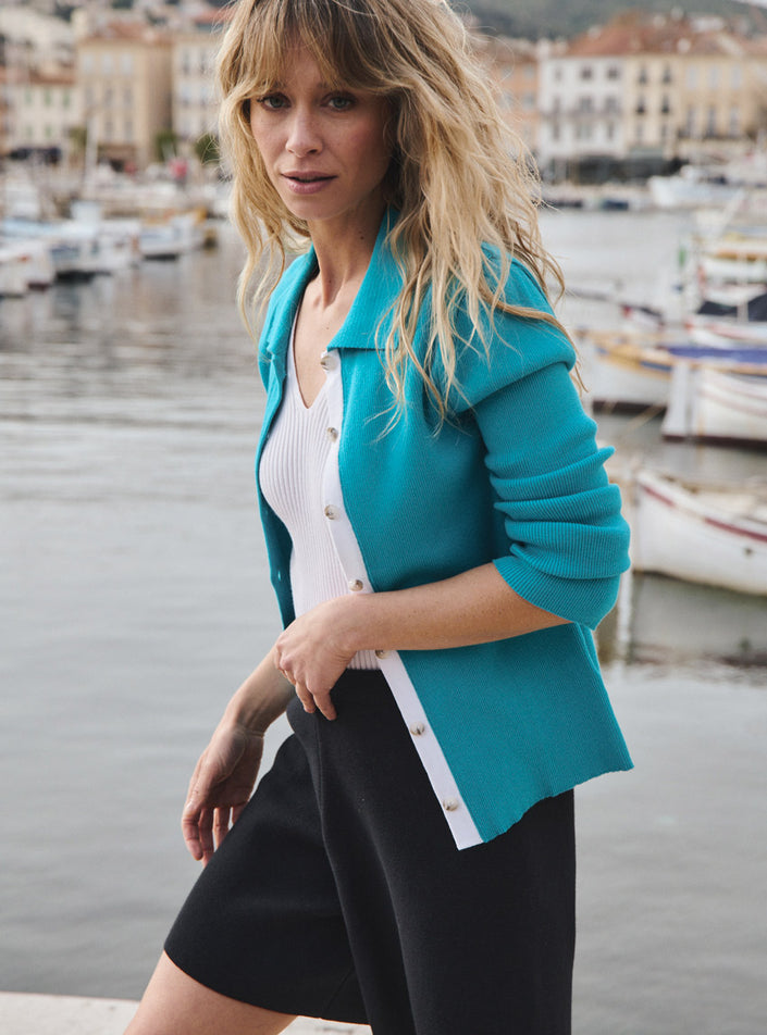 cardigan dominique bleu lagon cardigan tricot bleu lagon col chemise