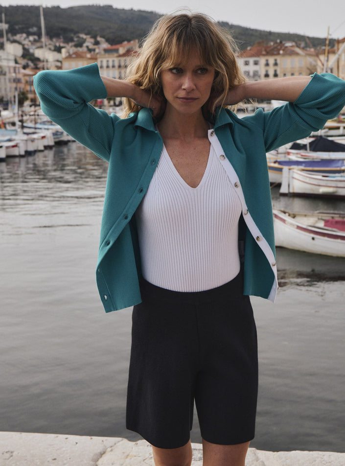 cardigan dominique bleu lagon cardigan femme en maille fine manches longues