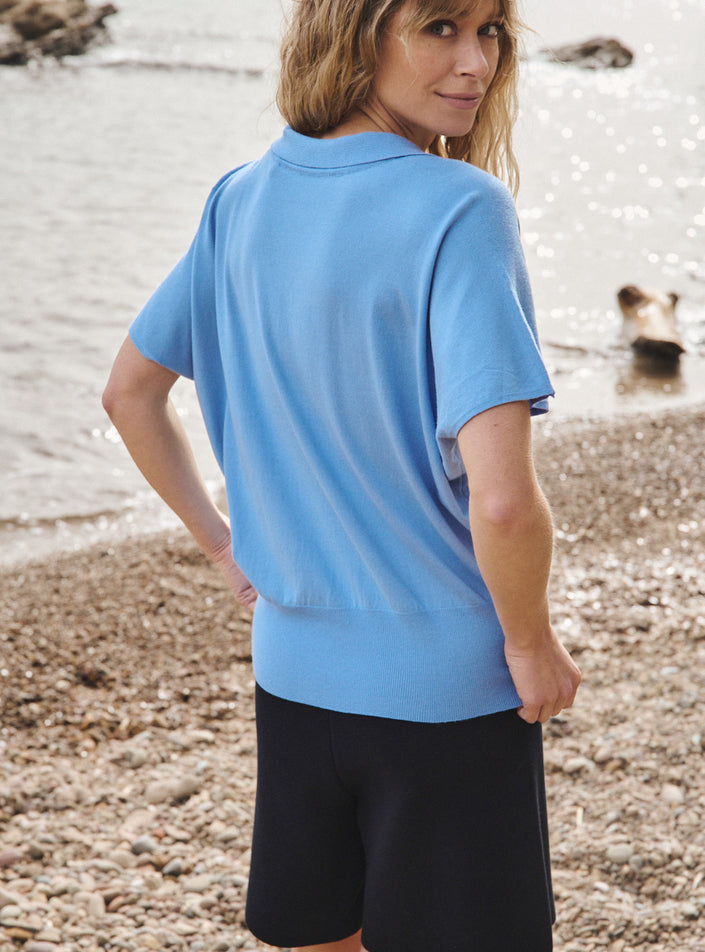 polo delphine bleu aster clair top femme bleu clair maille légère été