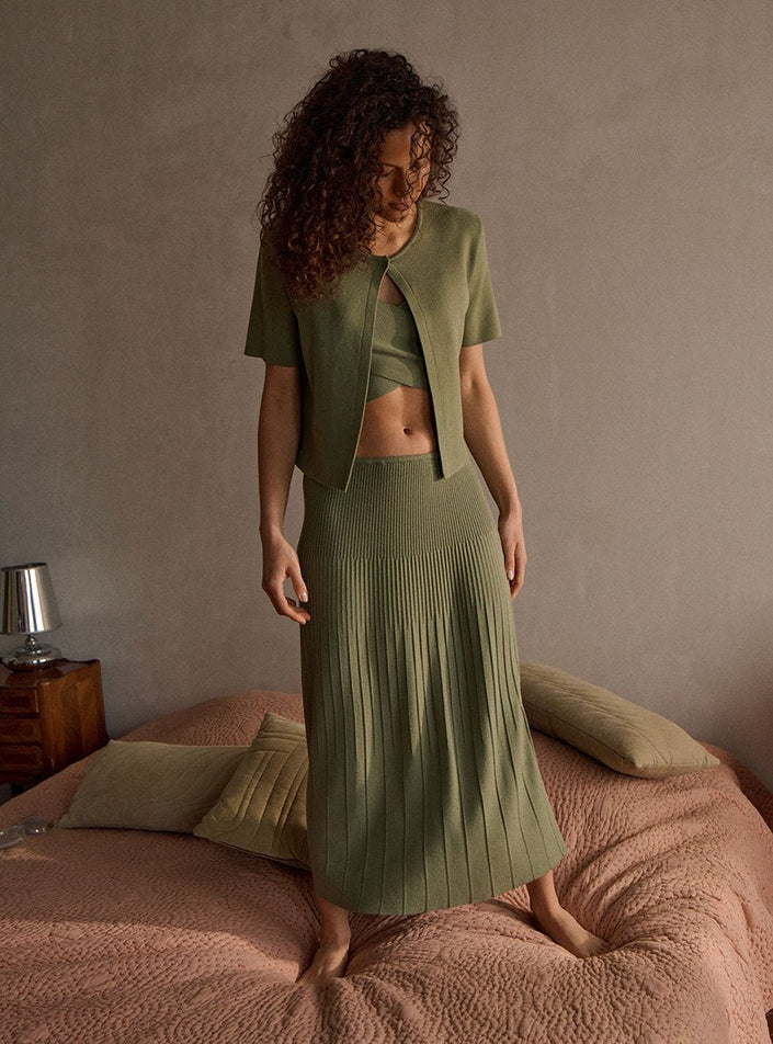 jupe vert kaki maille texturée jupe deva vert kaki