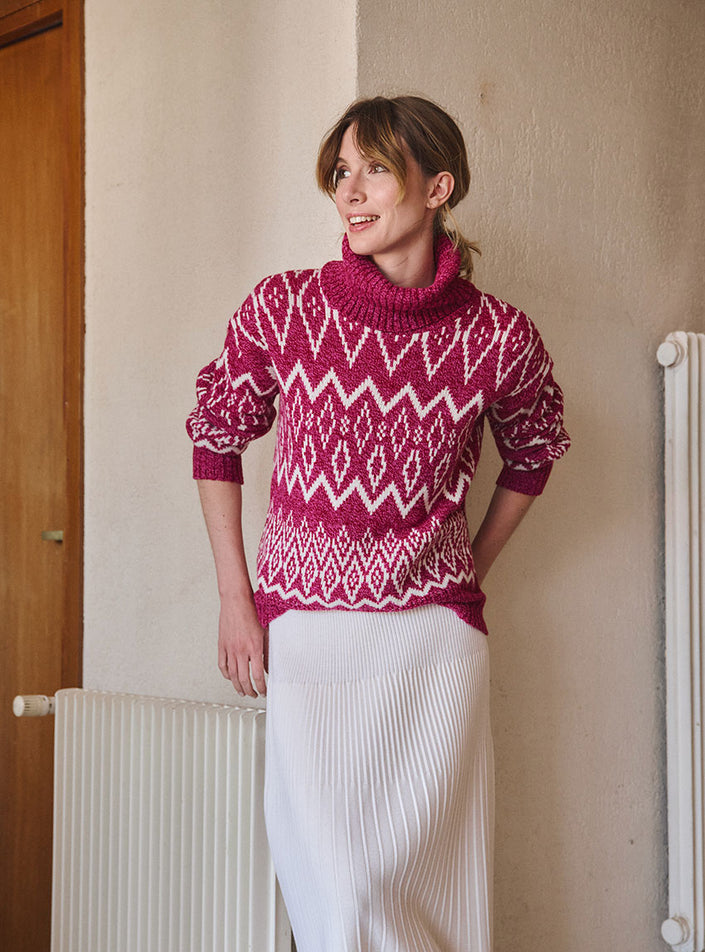 Pull jacquard bicolore blanc et rose mouliné femme