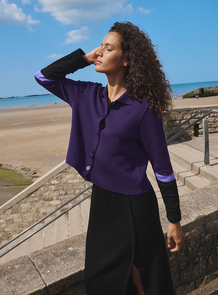 veste emmanuelle violet encrier cardigan violet chic maille fine