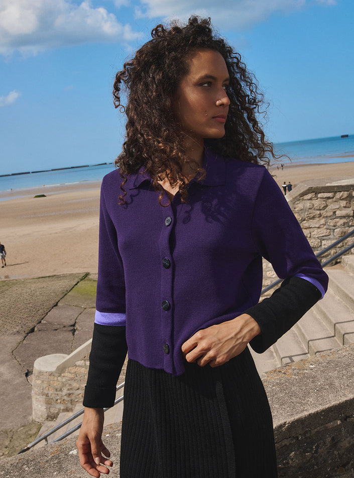 veste emmanuelle violet encrier cardigan tricot violet encrier col chemise