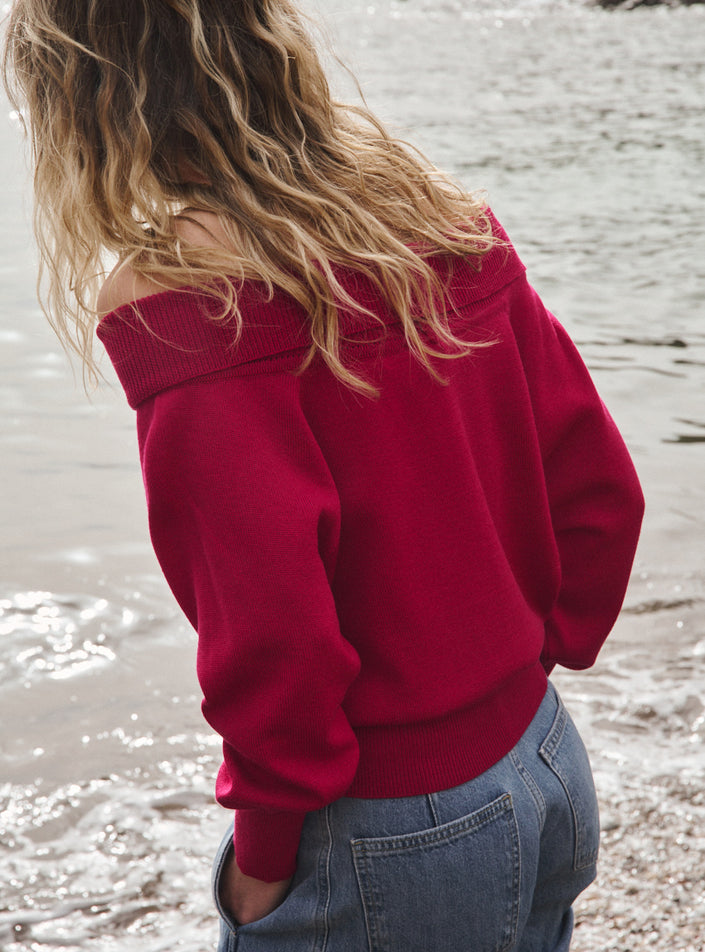 pull fanny rose rubis tricot rose rubis coupe ample avec bord-côtes