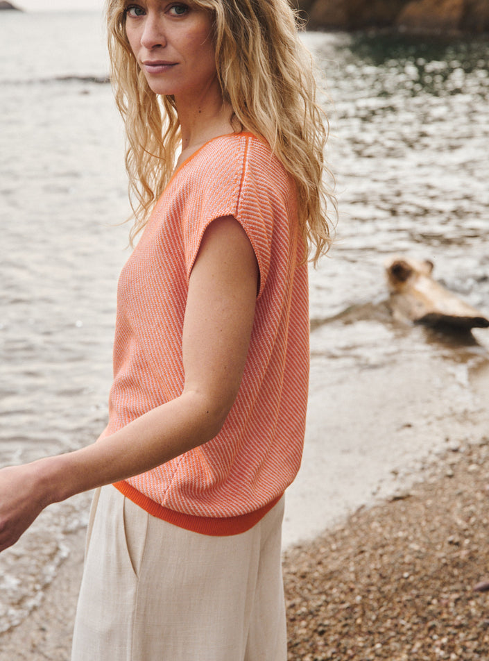 pull floriane orange solaire pull femme en maille diagonale orange et blanc