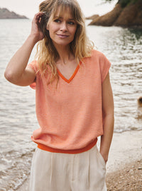 pull floriane orange solaire tricot léger orange et écru manches courtes