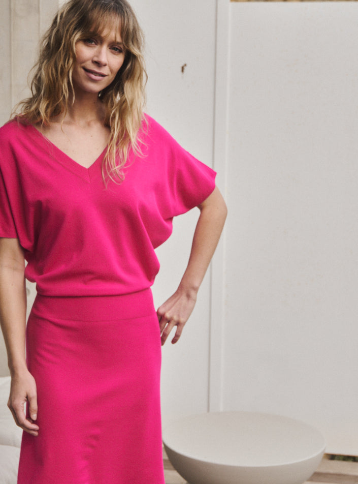 robe farah rose bougainvilliers robe maille rose bougainvilliers col V féminin