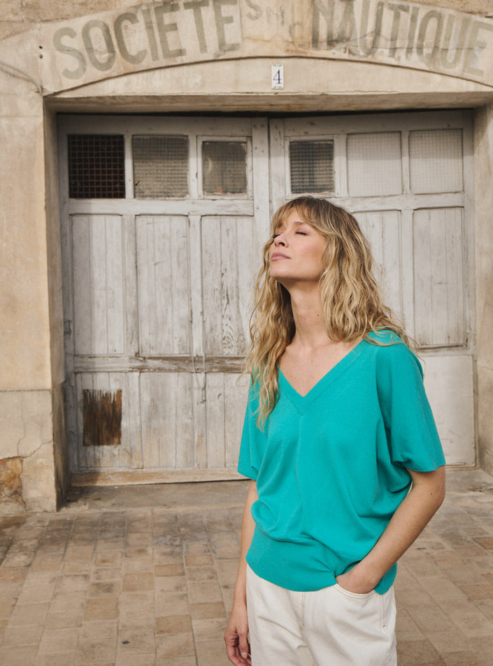 pull félicité vert menthe pull femme en maille fine col V fluide